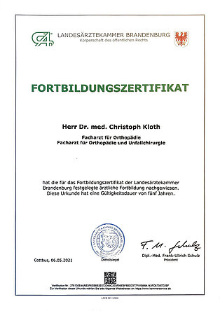 Zertifikat Facharzt für Orthopädie und Chirurgie Dr. Christoph Kloth