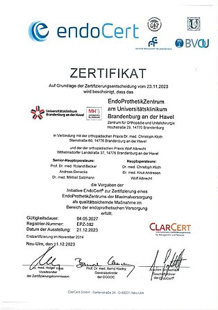 EndoCert des Universitätsklinikum Brandenburg an der Havel für den Arzt Dr. Christoph Kloth