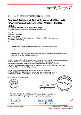 Bescheinigung Fachkunde Strahlenschutz beim Rötngen in der Medizin - Praxis & OP Kloth